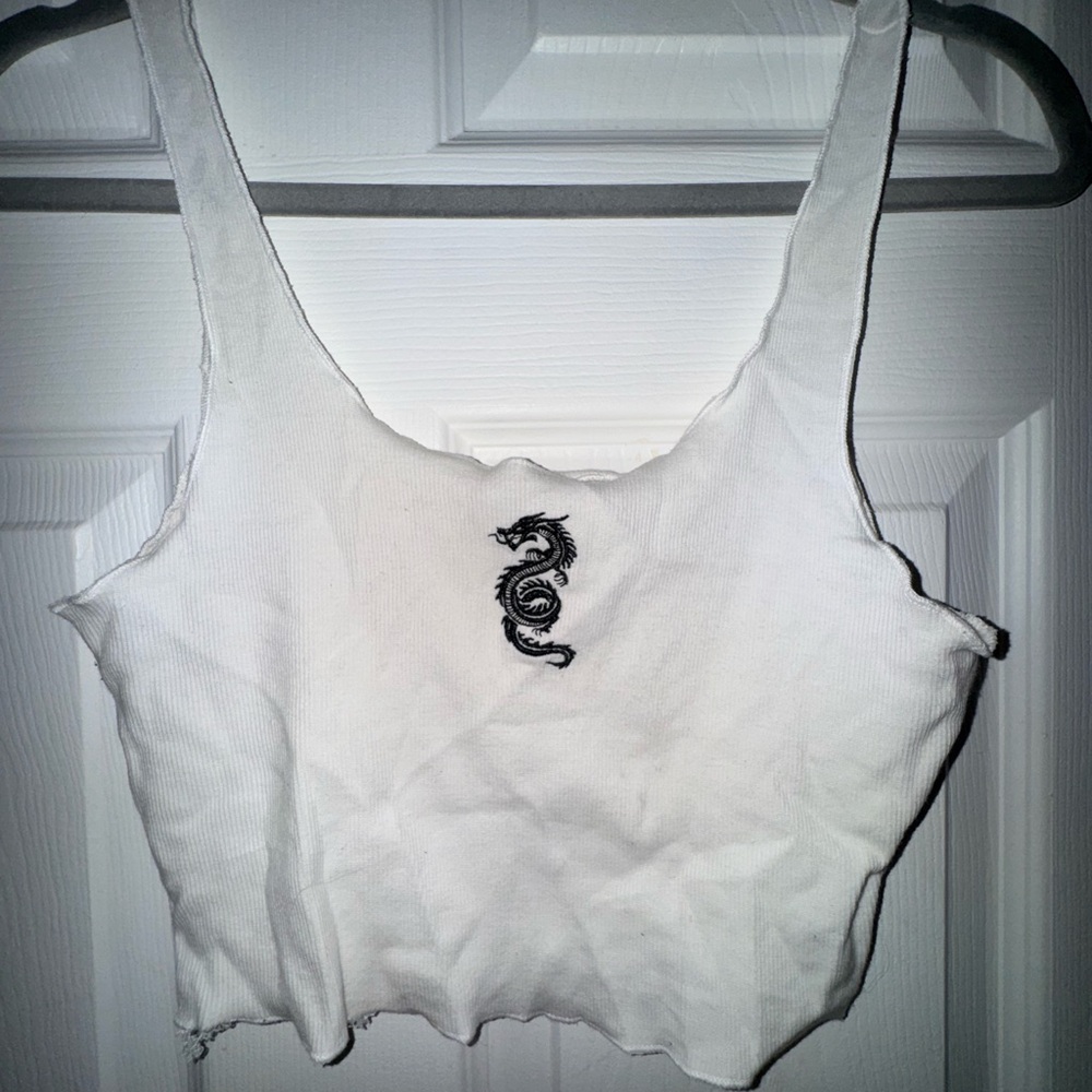 Women’s Forever 21 White Crop Tank Top with Dragon Embellishment